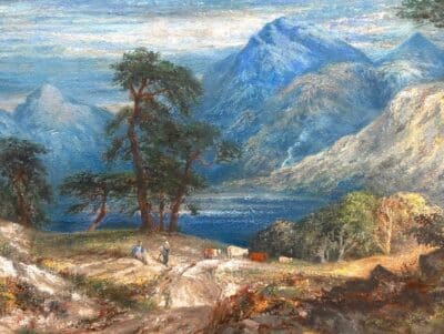 Original oil pastel ‘Mountain scene with figure and cattle. Unsigned. Framed and mounted. Unglazed. Antique Art 6